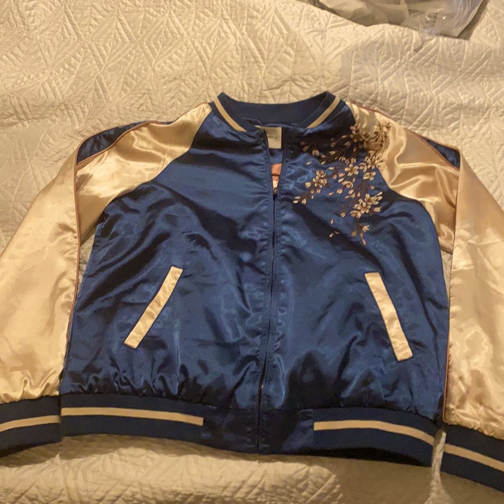 Satin blue and gold varsity jacket